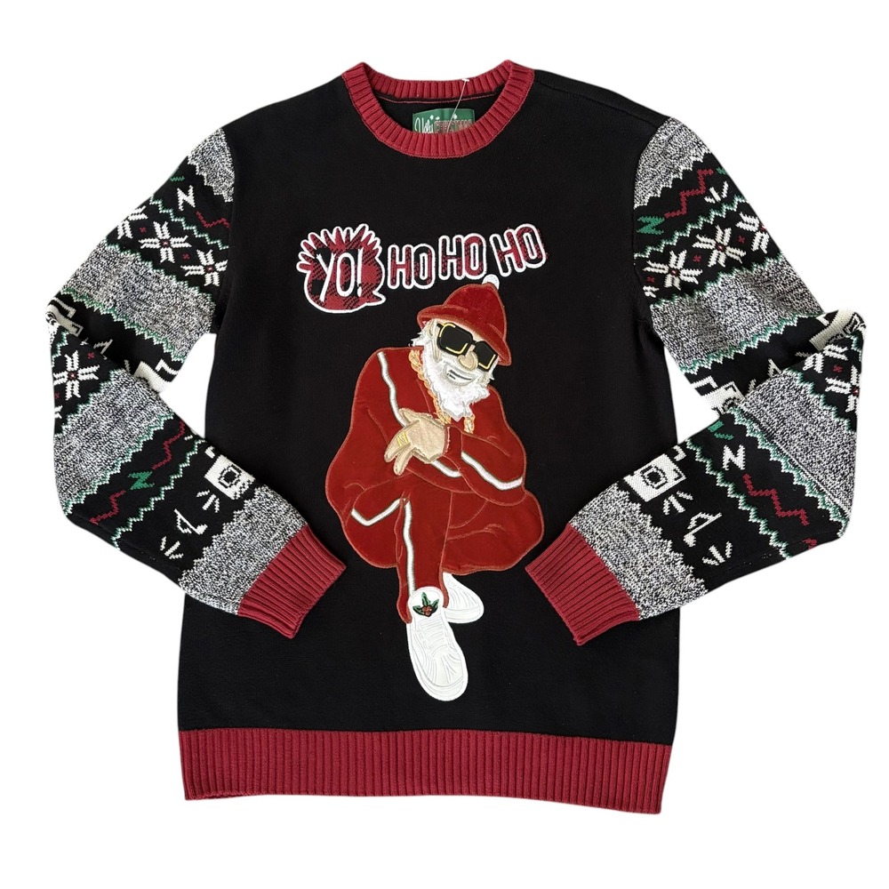 Ugly Christmas Sweater Mens XL Black Hip Hop Santa Fair Isle Novelty Sweater